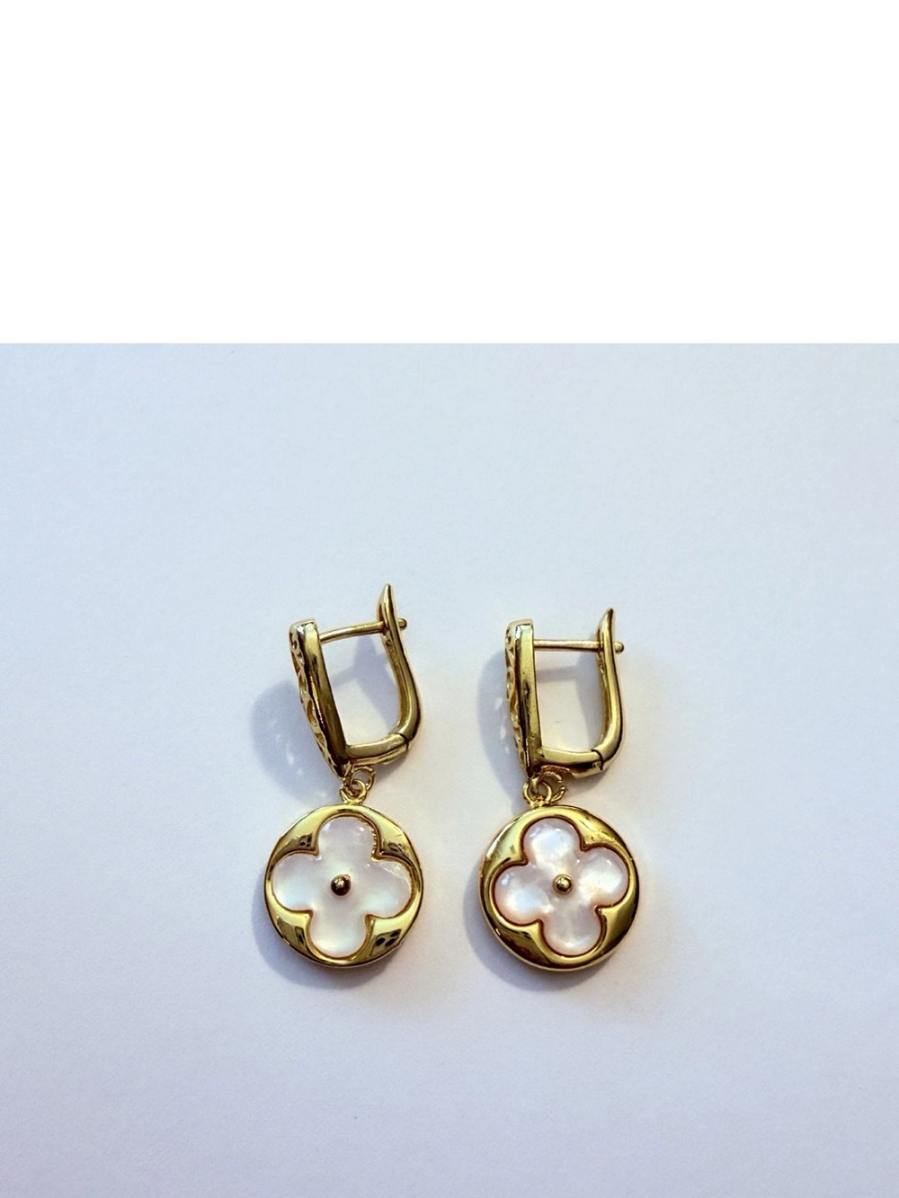 Louis Vuitton Gold-filled and White Flower Huggie Drop Earrings, Upcycled
